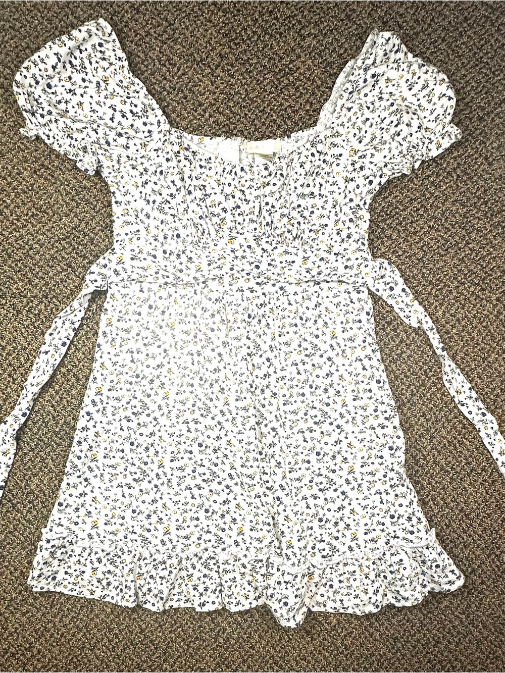 Altar'd State White Floral Smocked Dress with Yellow & Navy Accents